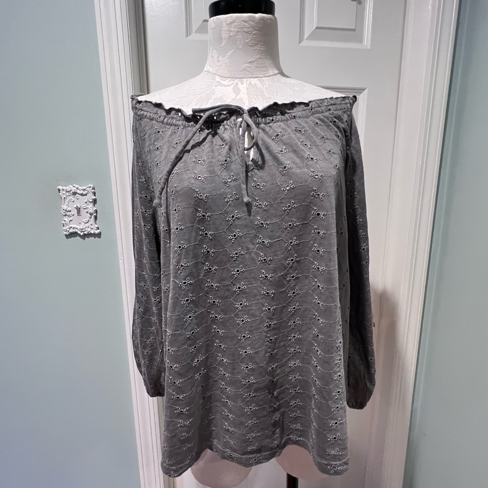 LUCKY BRAND blouse Women Size M Boho Grey Off Shoulder Neck Tie Chic